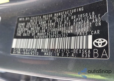 2017 Toyota Corolla Se from USA, damaged, VIN 5YFBURHEXHP665362